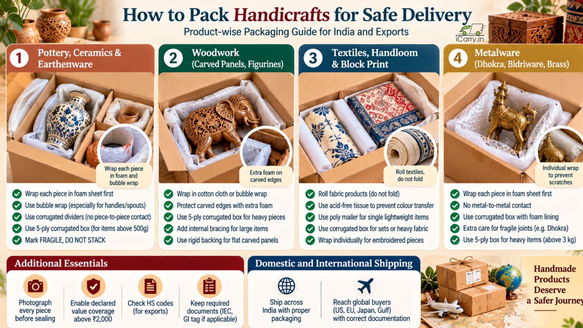 How to pack handicrafts for safe delivery in India and exports, covering pottery, ceramics, woodwork, textiles, handloom, block prints and metalware with protective packaging.