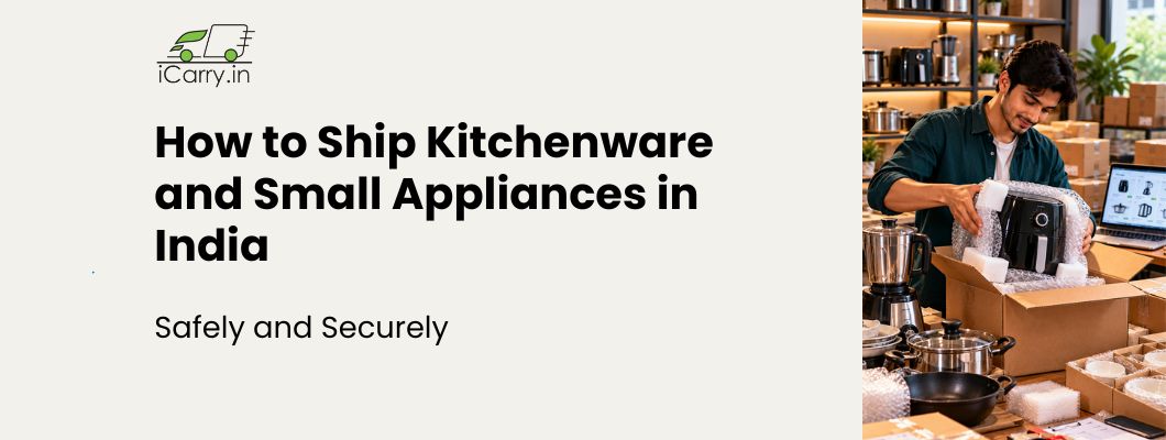 iCarry.in blog banner on how to ship kitchenware and small appliances in India safely and securely, featuring an eCommerce seller packing a mixer grinder and stainless steel cookware with bubble wrap and protective packaging to prevent breakage and transit damage.