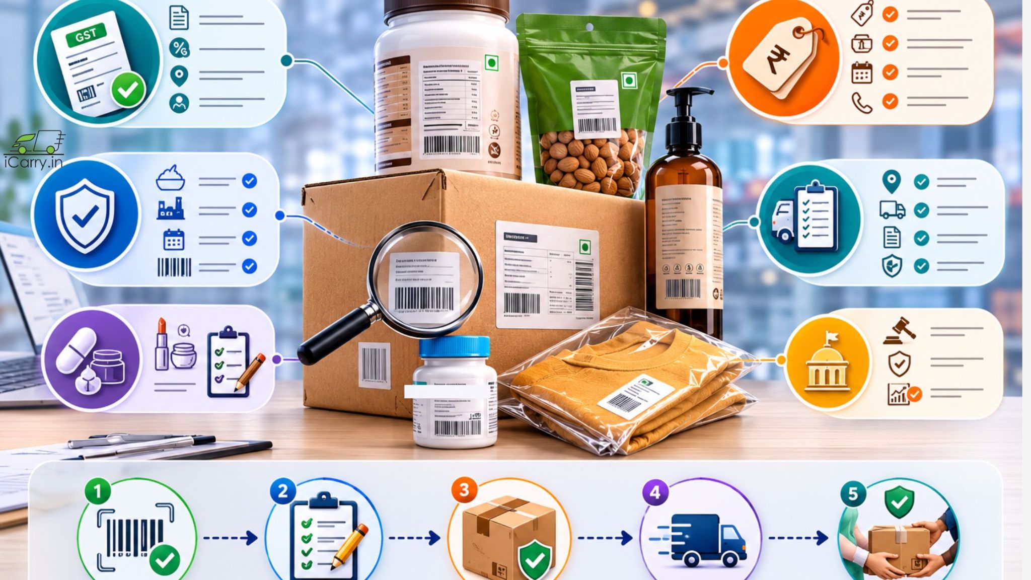 iCarry shipping label vs product label guide covering GST labels, FSSAI labelling, barcode, courier shipping labels, packaging compliance and product shipping in India