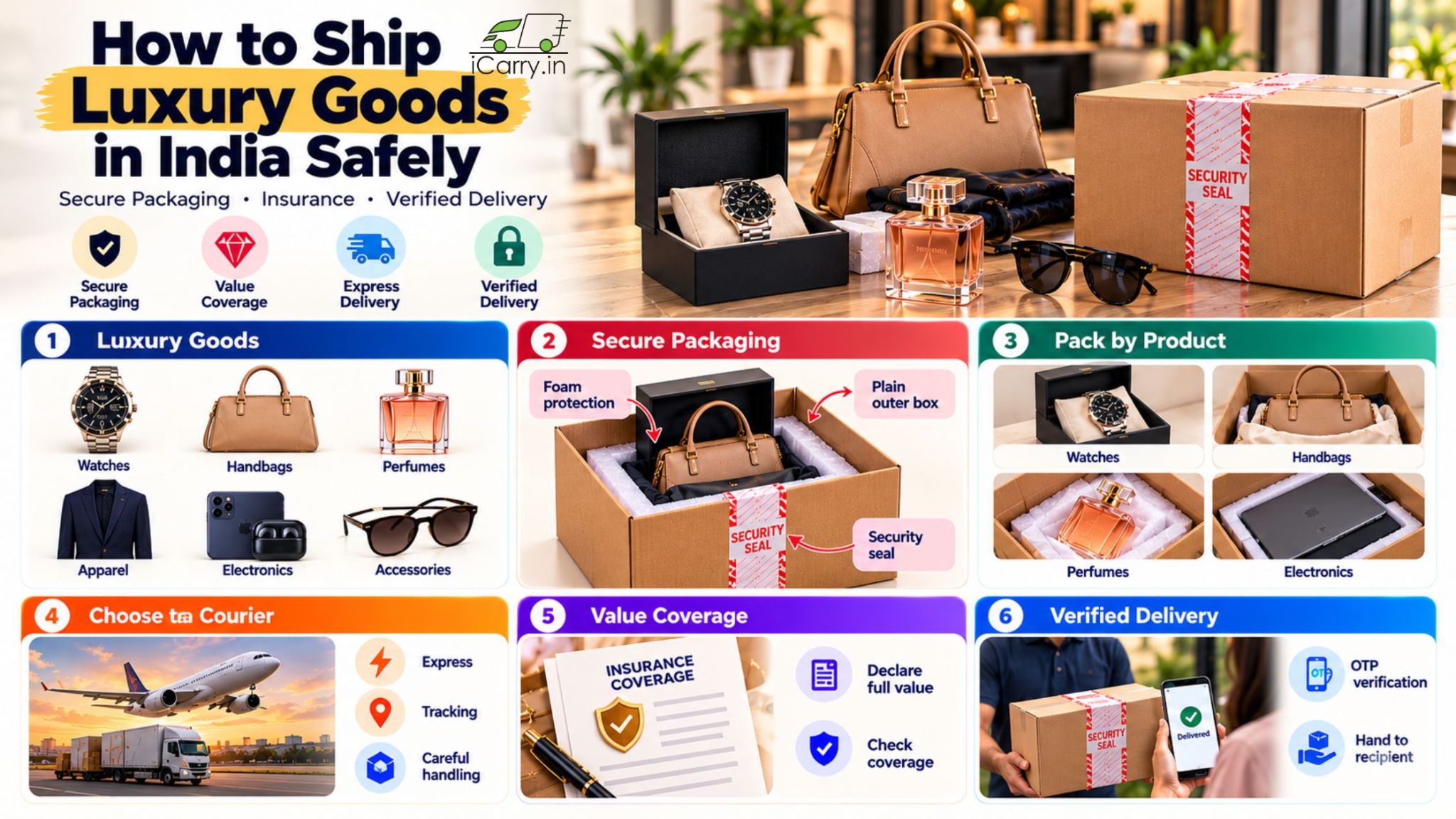 iCarry.in infographic on how to ship luxury goods safely in India, featuring secure packaging for watches, handbags, perfumes, electronics and accessories, with protective foam, security seals, shipping insurance, courier tracking and OTP-verified delivery.