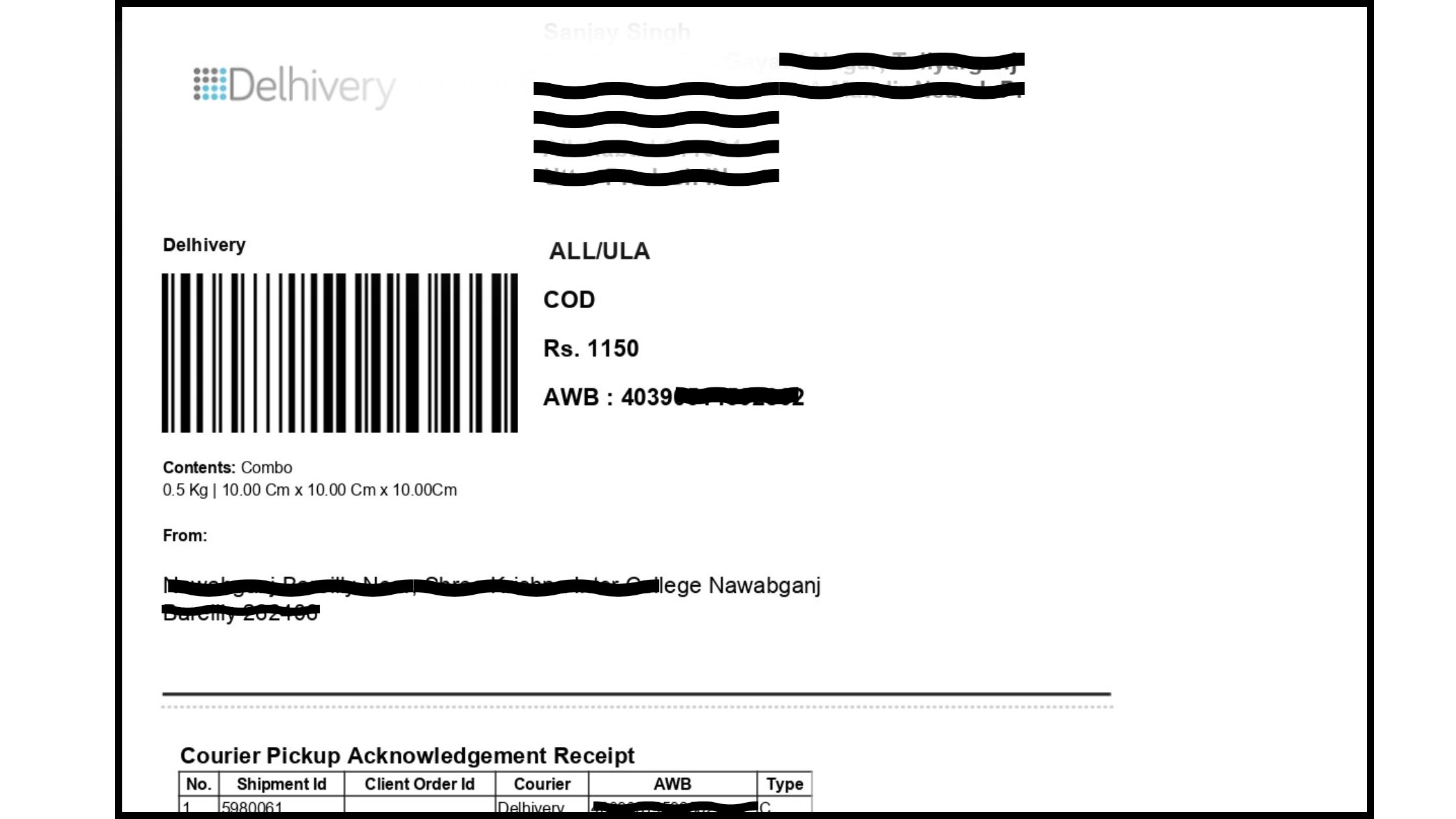 Shipping manifest and AWB label example from Delhivery showing barcode, COD details, and shipment information in logistics