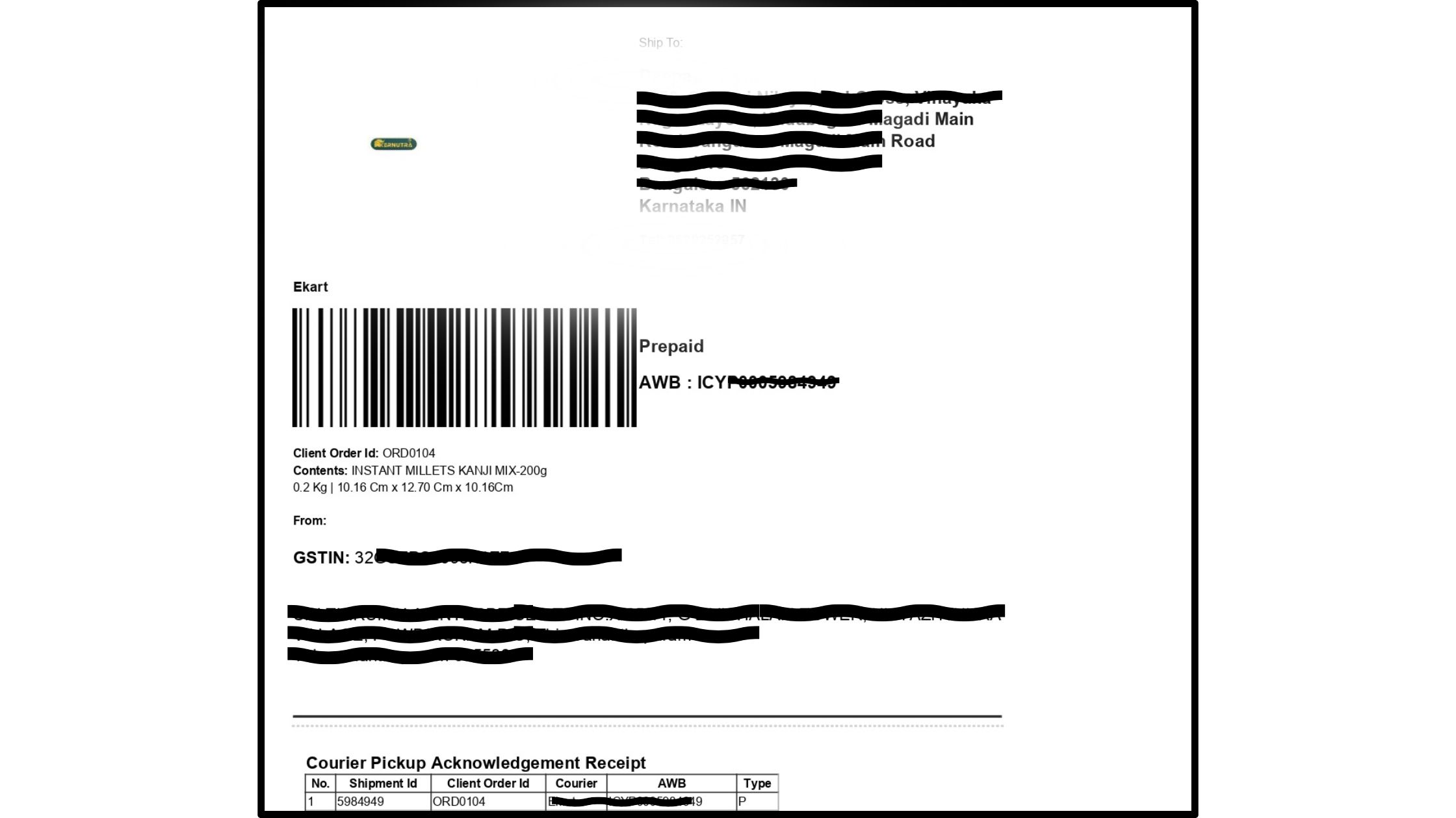 Ecommerce shipping label example from Ekart with barcode, prepaid shipment details, and delivery address format