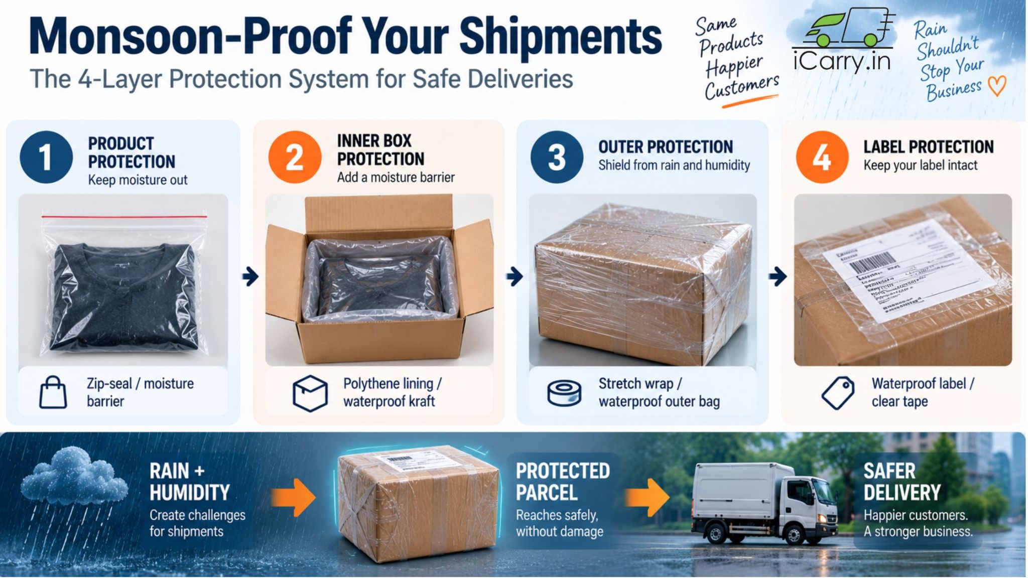 Monsoon-proof your shipments: the 4-layer protection system covering product protection, inner box lining, outer stretch wrap protection, and waterproof label protection for safer deliveries during rain and humidity