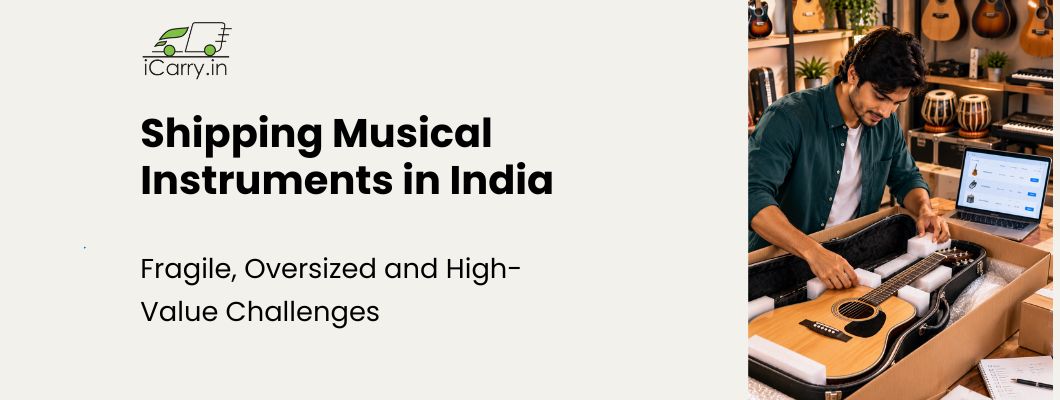 iCarry.in guide to shipping musical instruments in India, covering safe packaging for guitars, sitars, tablas, and other fragile or oversized instruments to prevent transit damage and protect high-value shipments.