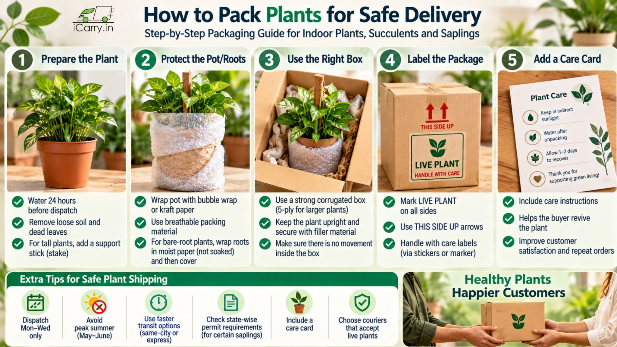 How to pack plants for safe delivery in India, showing step-by-step packaging for indoor plants, succulents and saplings with pot protection, secure boxes, labels and plant care instructions.