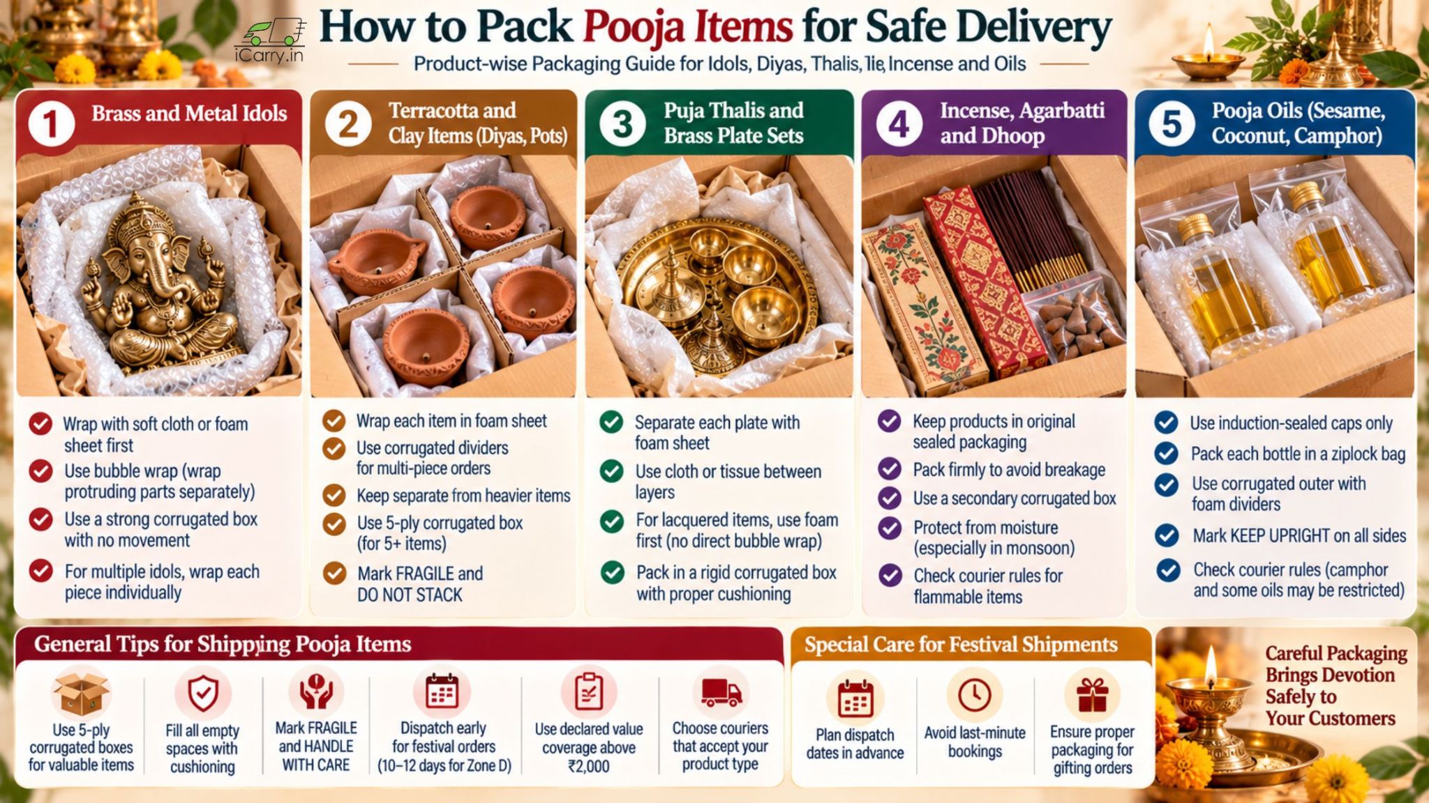 How to pack pooja items for safe delivery in India, covering brass idols, diyas, pooja thalis, incense, dhoop and pooja oils with protective packaging and shipping tips.
