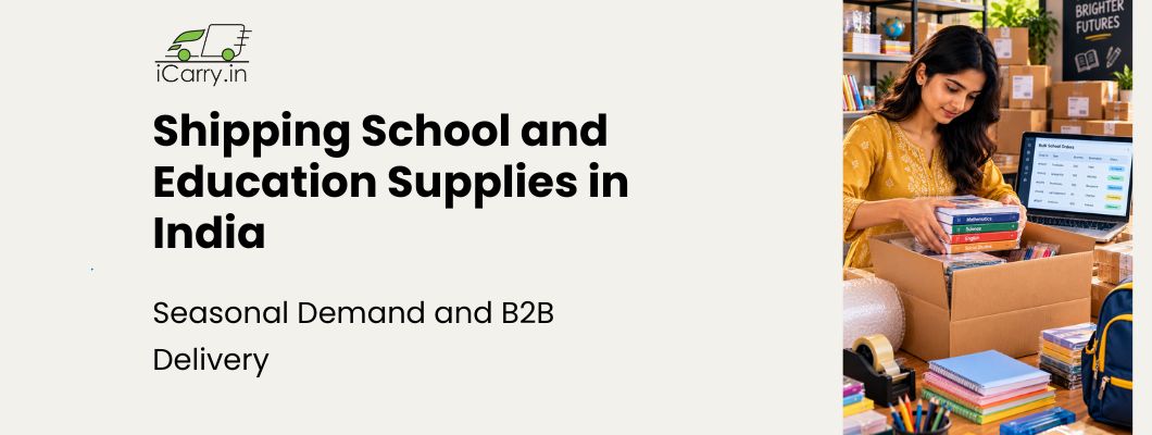 iCarry.in blog banner for shipping school and education supplies in India, featuring textbooks, stationery, school bags, seasonal demand planning, bulk B2B orders, and reliable delivery for schools and educational institutions.