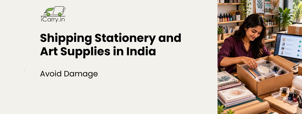 iCarry.in shipping stationery and art supplies in India guide showing safe packaging for notebooks, sketchbooks, paints, brushes, and fragile art materials to prevent shipping damage for eCommerce sellers.