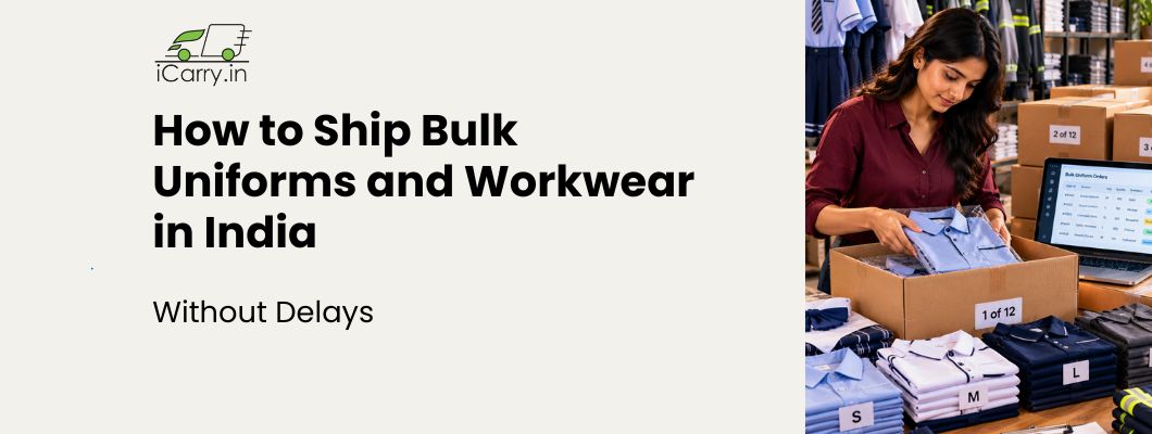 iCarry.in guide to shipping bulk uniforms and workwear in India, featuring garment sorting, size-wise packaging, bulk order management, shipment tracking, and efficient courier solutions to prevent delays for businesses and eCommerce sellers.