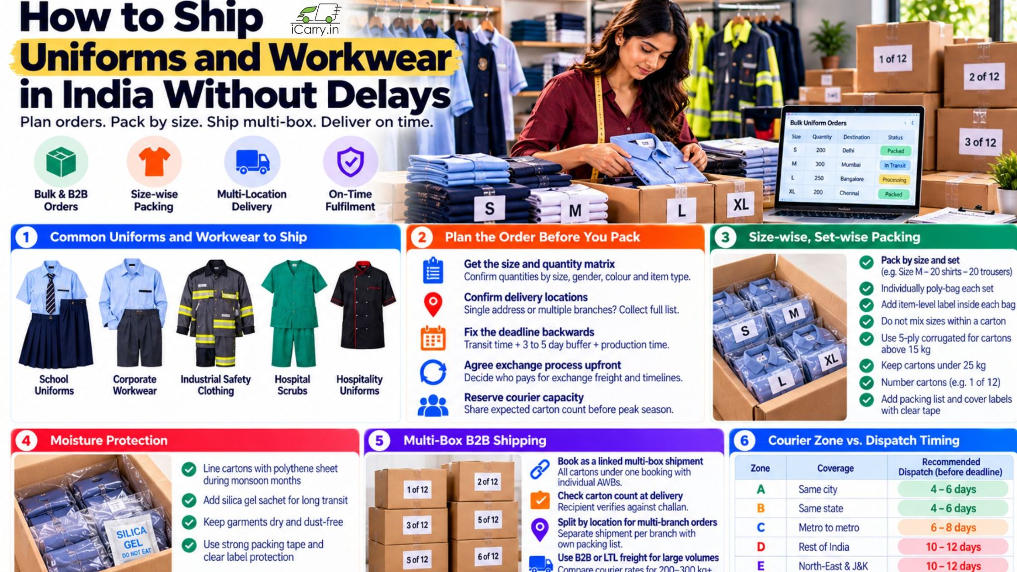 iCarry.in infographic on how to ship uniforms and workwear in India without delays, covering size-wise packing, bulk B2B orders, multi-box shipments, moisture protection, courier zones, dispatch planning, and on-time delivery for schools, hospitals, corporate teams, and industrial businesses.