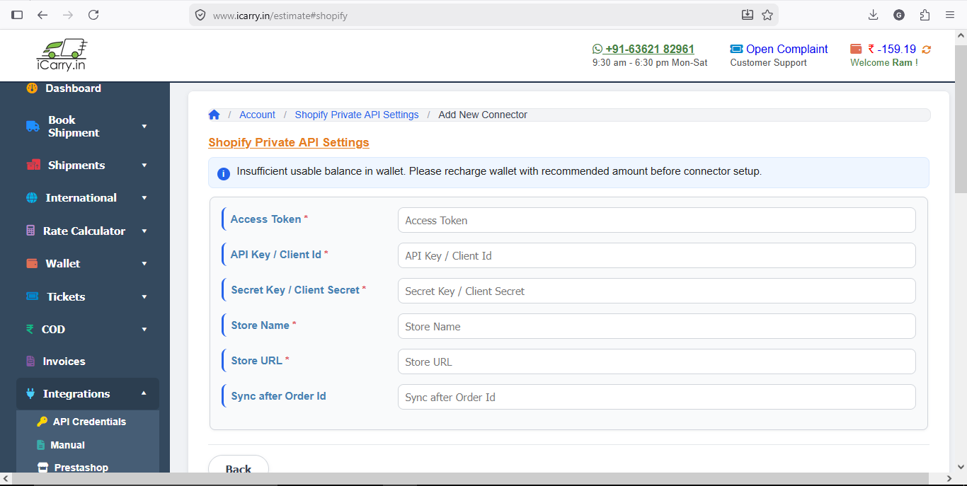 iCarry Shopify API integration dashboard showing access token, API key and store setup for automated ecommerce shipping