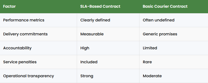 Comparison of SLA based logistics contract vs basic courier contract including performance metrics, accountability, transparency, and service penalties