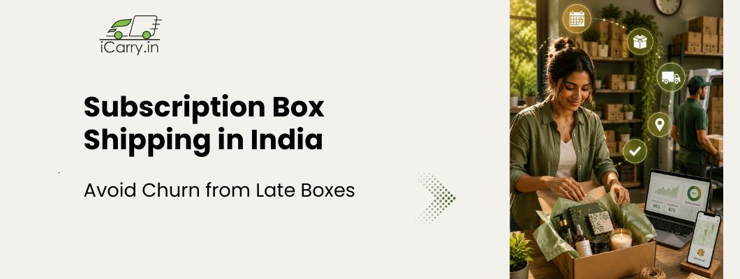 Hero banner for subscription box shipping in India, featuring a seller packing a subscription box with inventory management, shipping and delivery icons, highlighting strategies to reduce customer churn caused by late deliveries