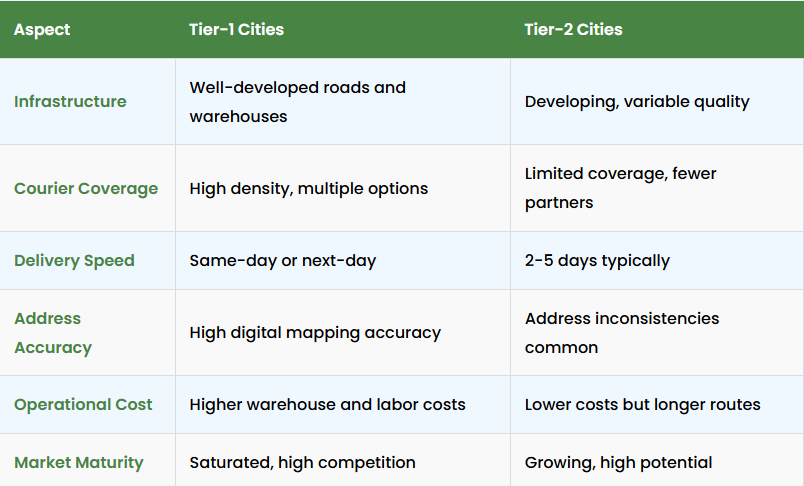 Comparison of Tier 1 and Tier 2 cities in India for logistics including infrastructure, delivery speed, courier coverage, and cost differences