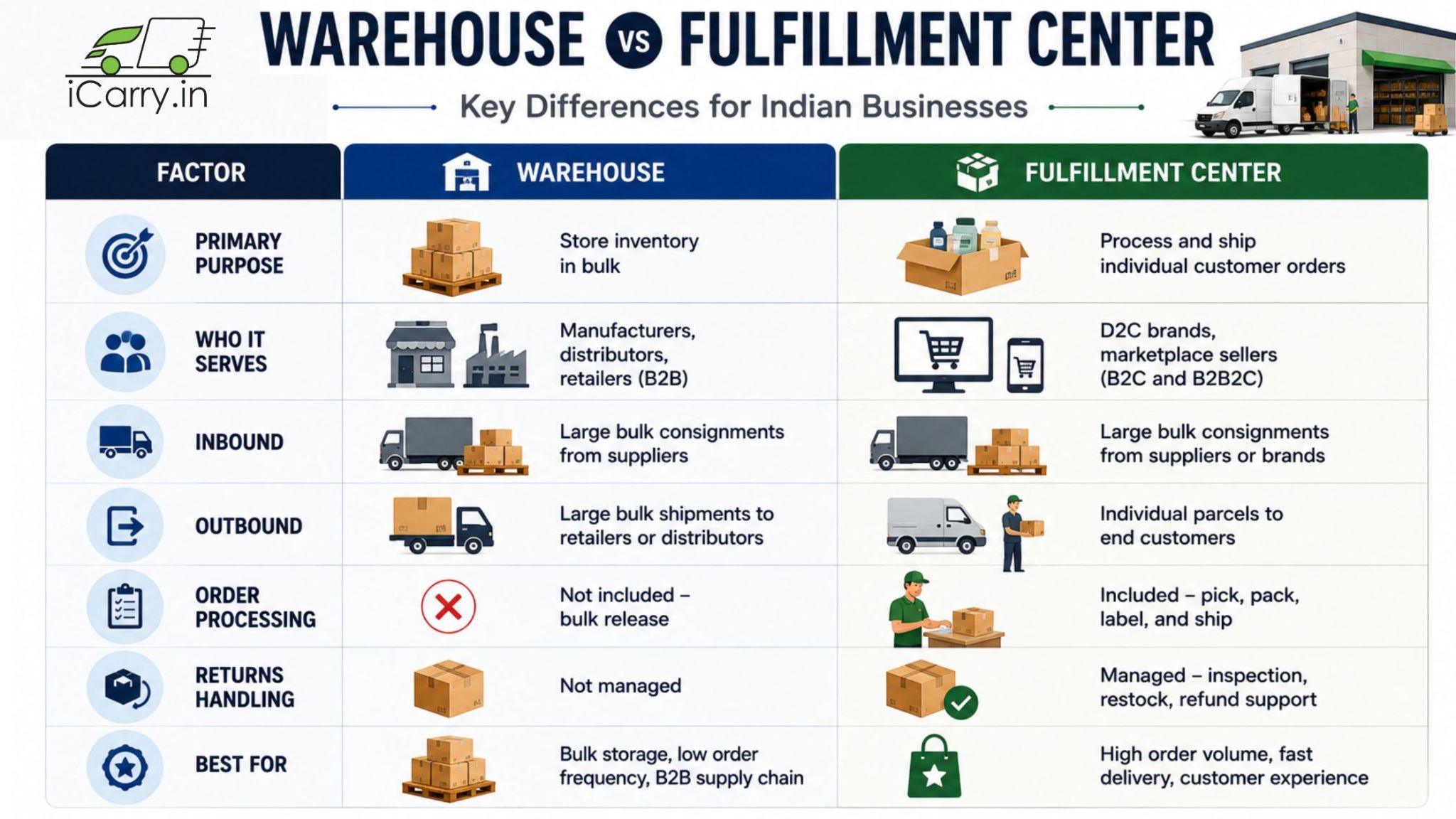 iCarry warehouse vs fulfillment center comparison, ecommerce warehousing, fulfillment services, order processing, inventory management, pick pack ship India