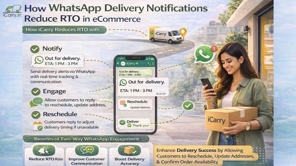 WhatsApp delivery notification flow showing order booked, shipped, out for delivery and delivered updates for eCommerce customers
