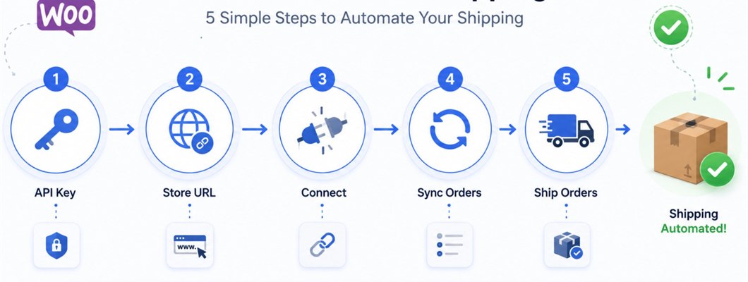 WooCommerce to shipping integration steps showing API key setup store URL connection order sync and automated shipping workflow for ecommerce sellers